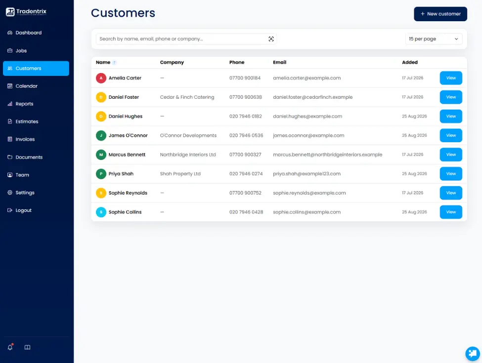 Example of customer page