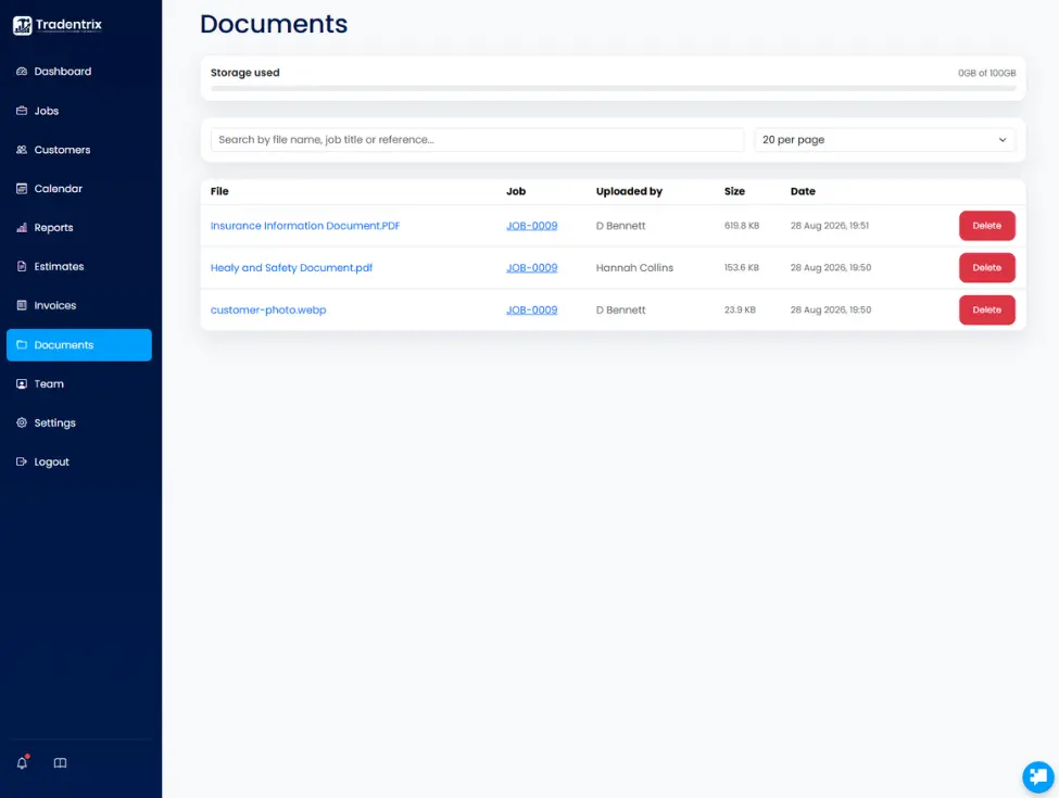 Example of documents page