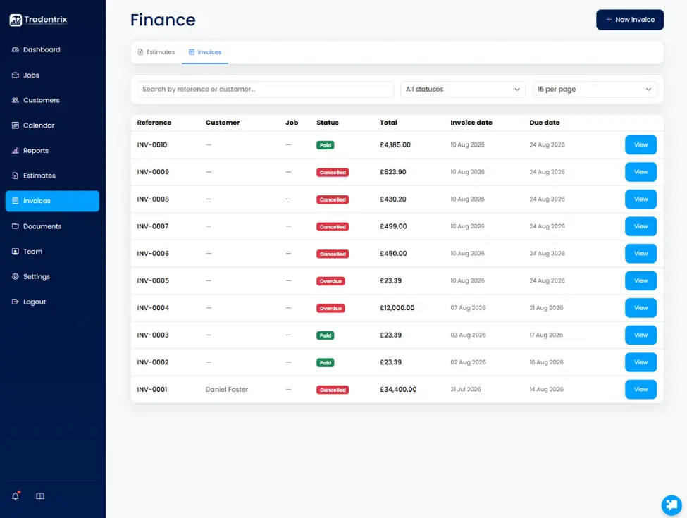 Example of invoice page