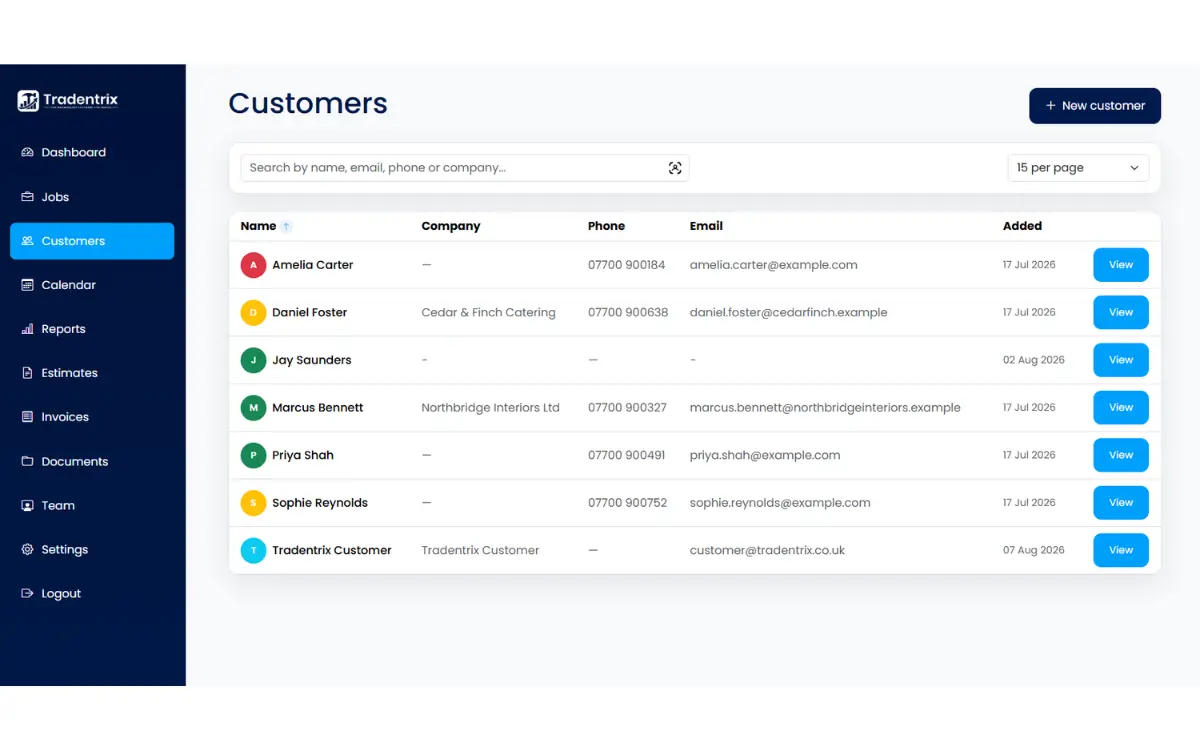Shows a list of customers connected to the account