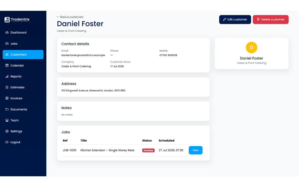 Showing details for an active customer