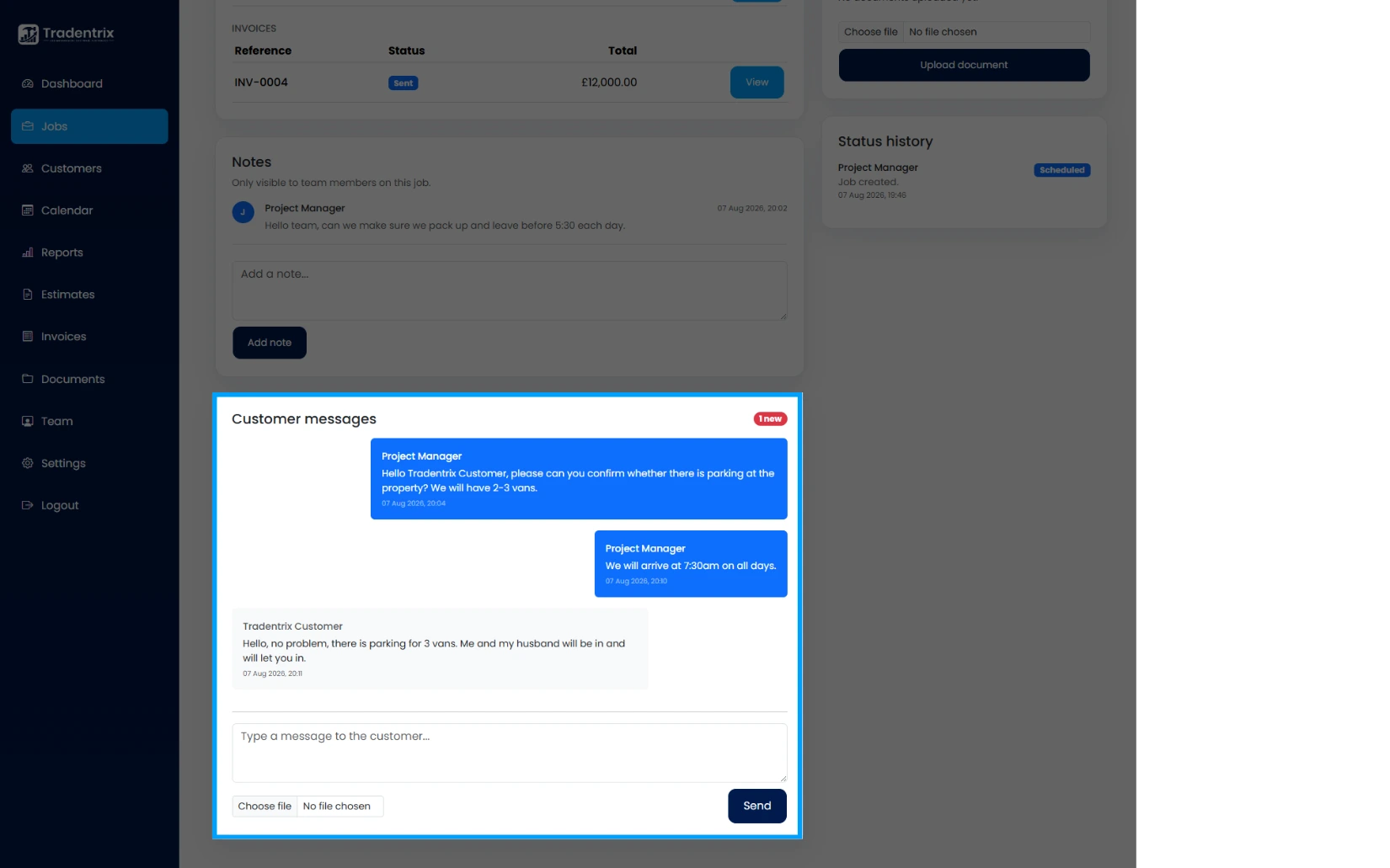 Customer messages section