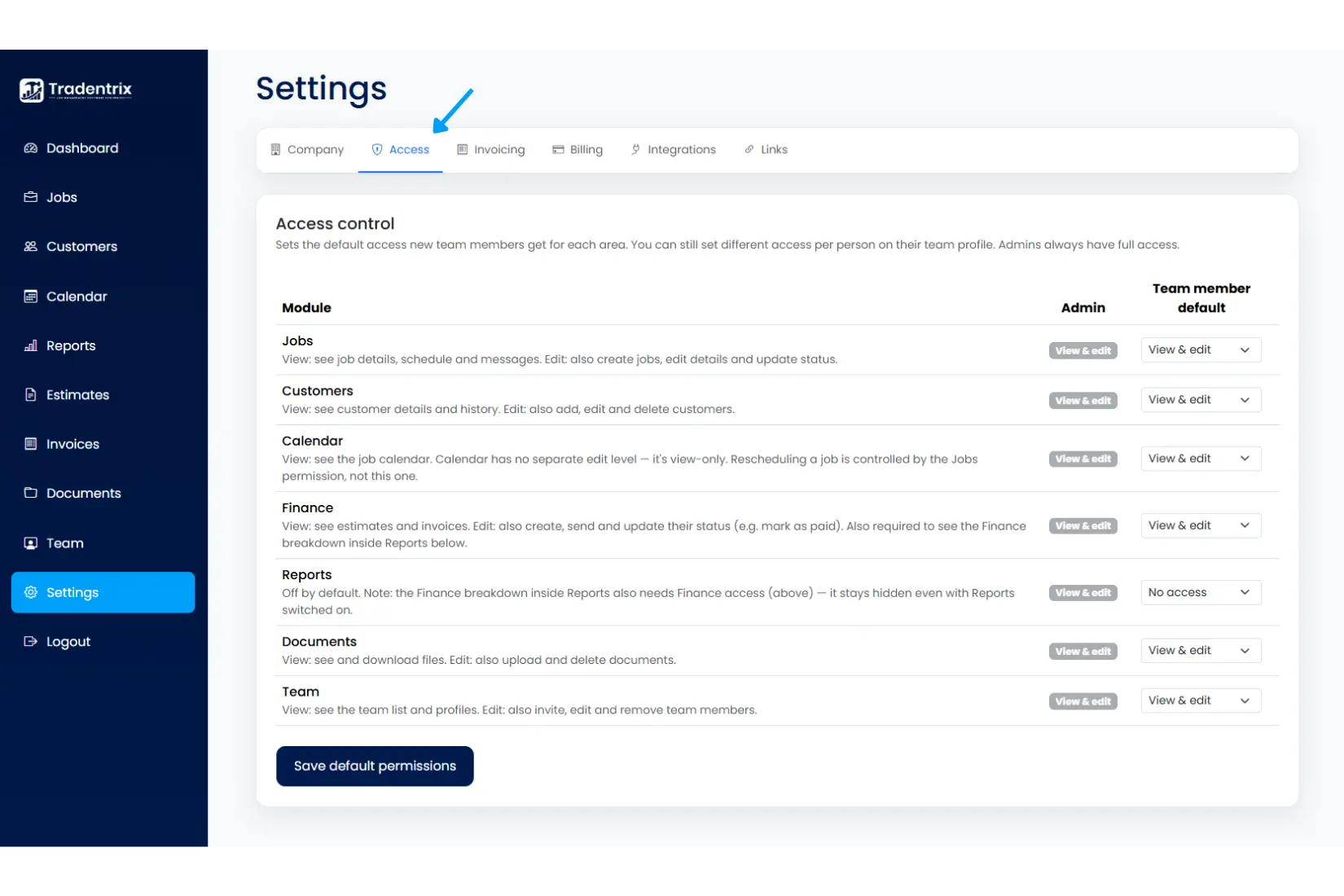 Settings: Access tab