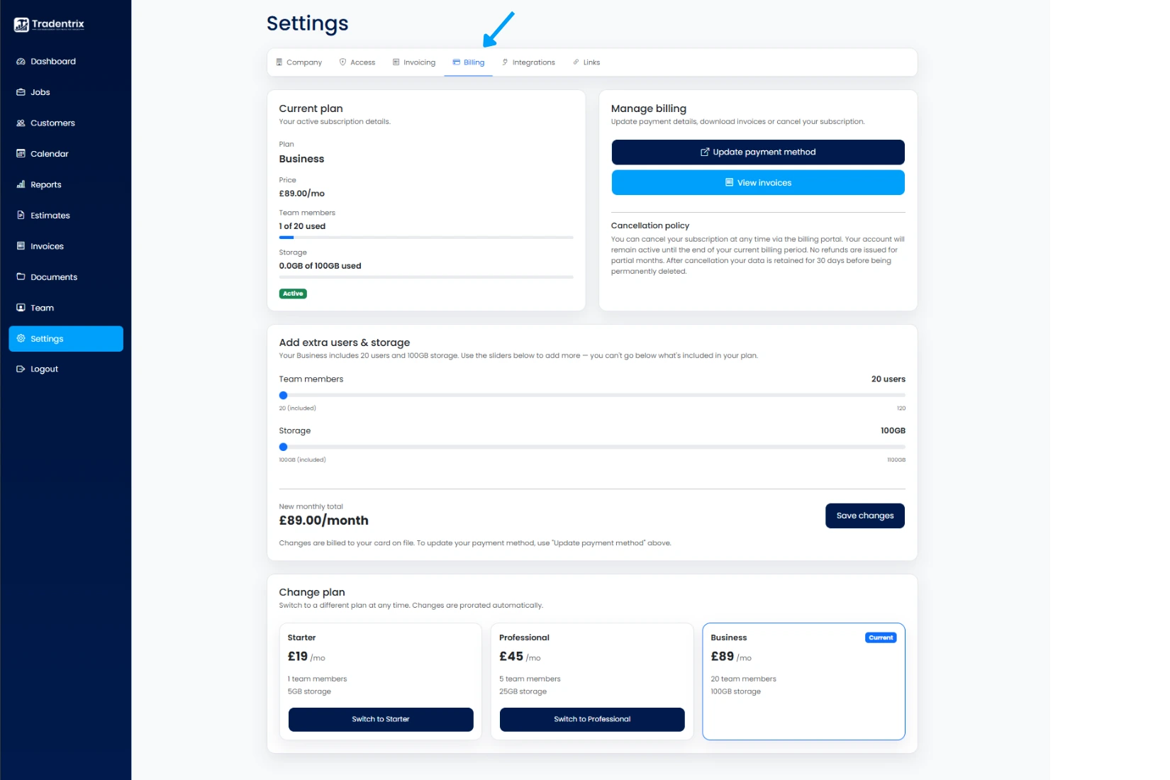 Settings: Billing tab