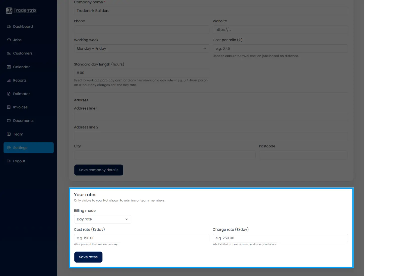 Settings: Company tab showing rates