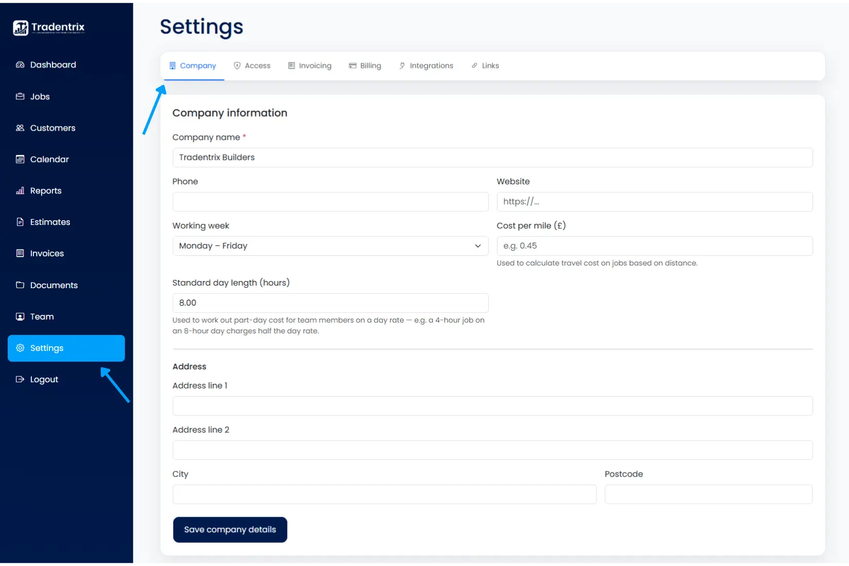 Settings: Company tab showing company details
