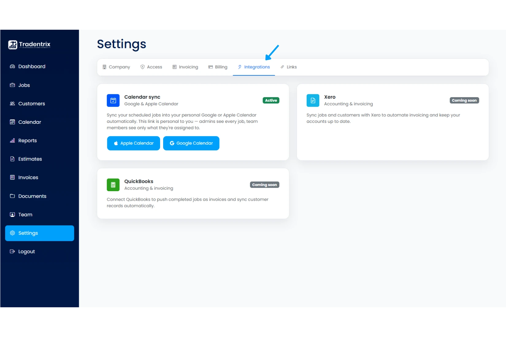Settings: Integrations tab