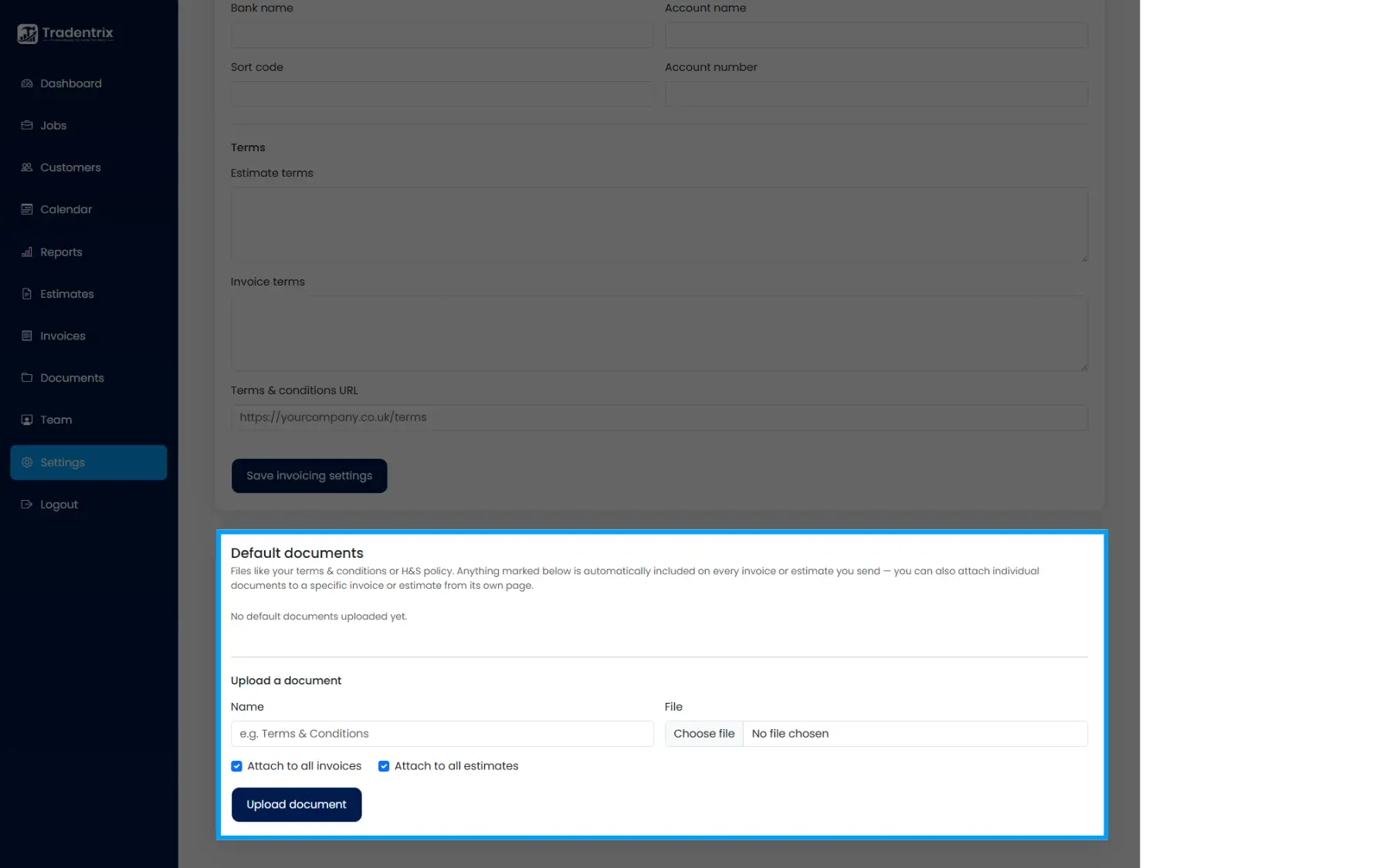 Settings: Invoicing default documents