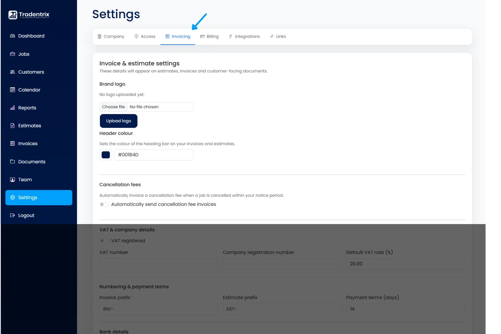 Settings: Invoicing tab