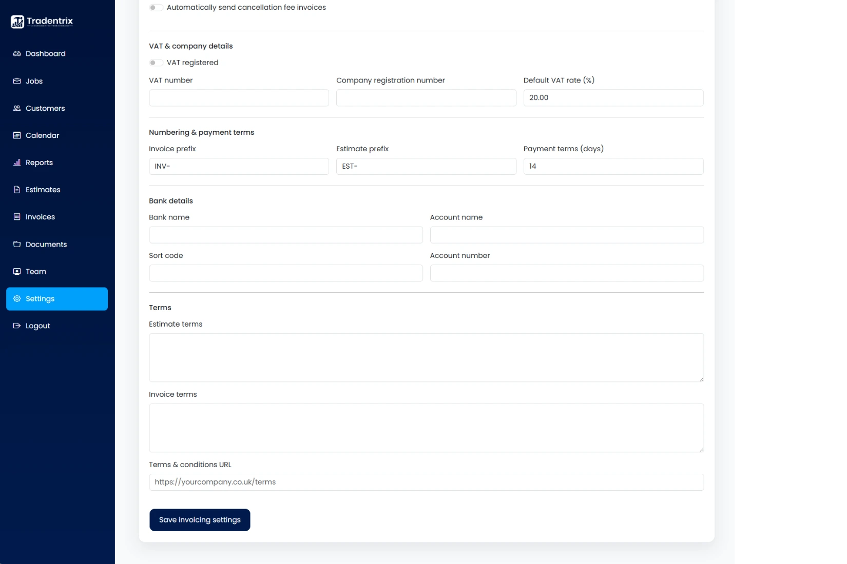 Settings: Invoicing tab