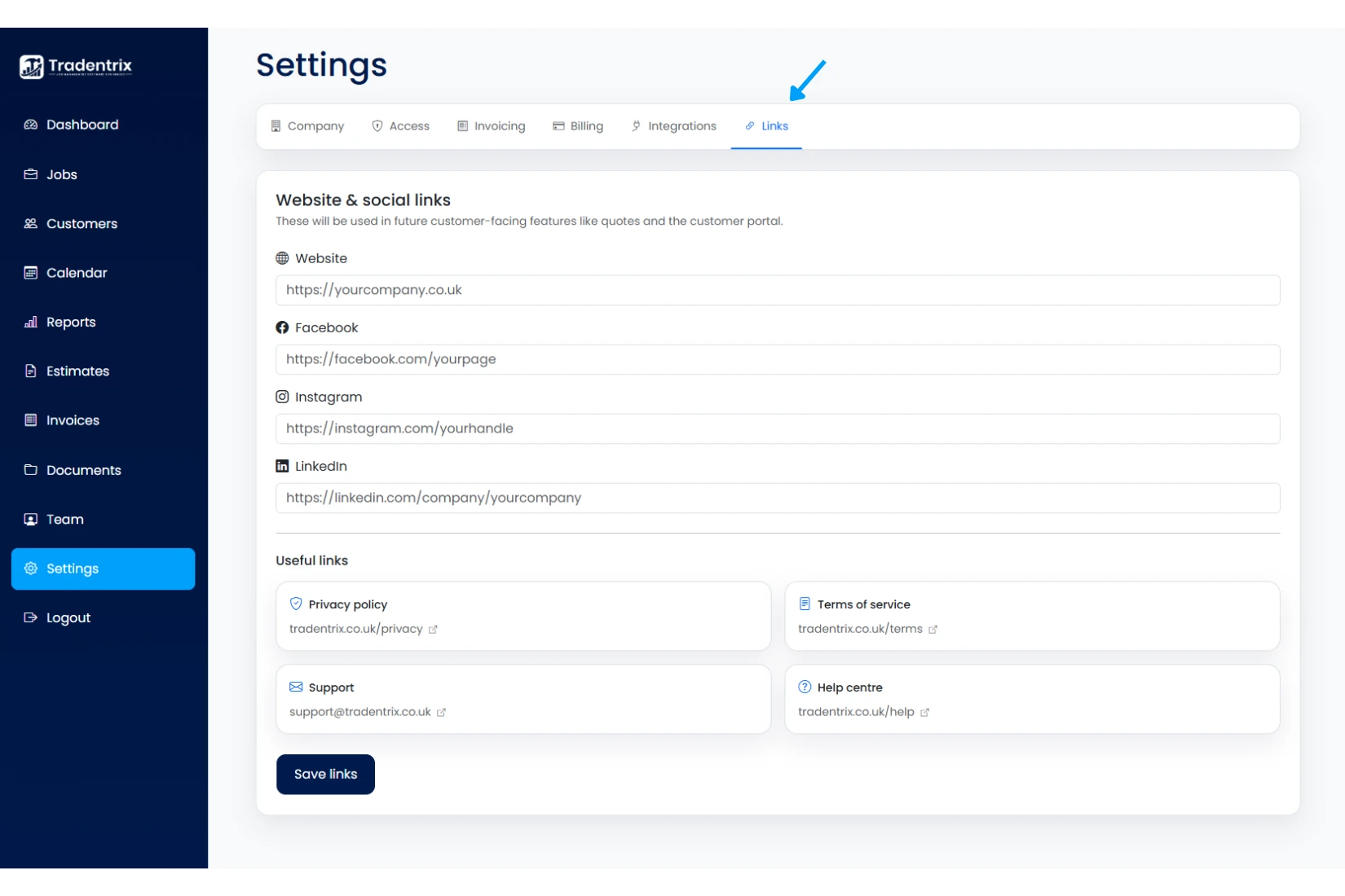 Settings: Links tab