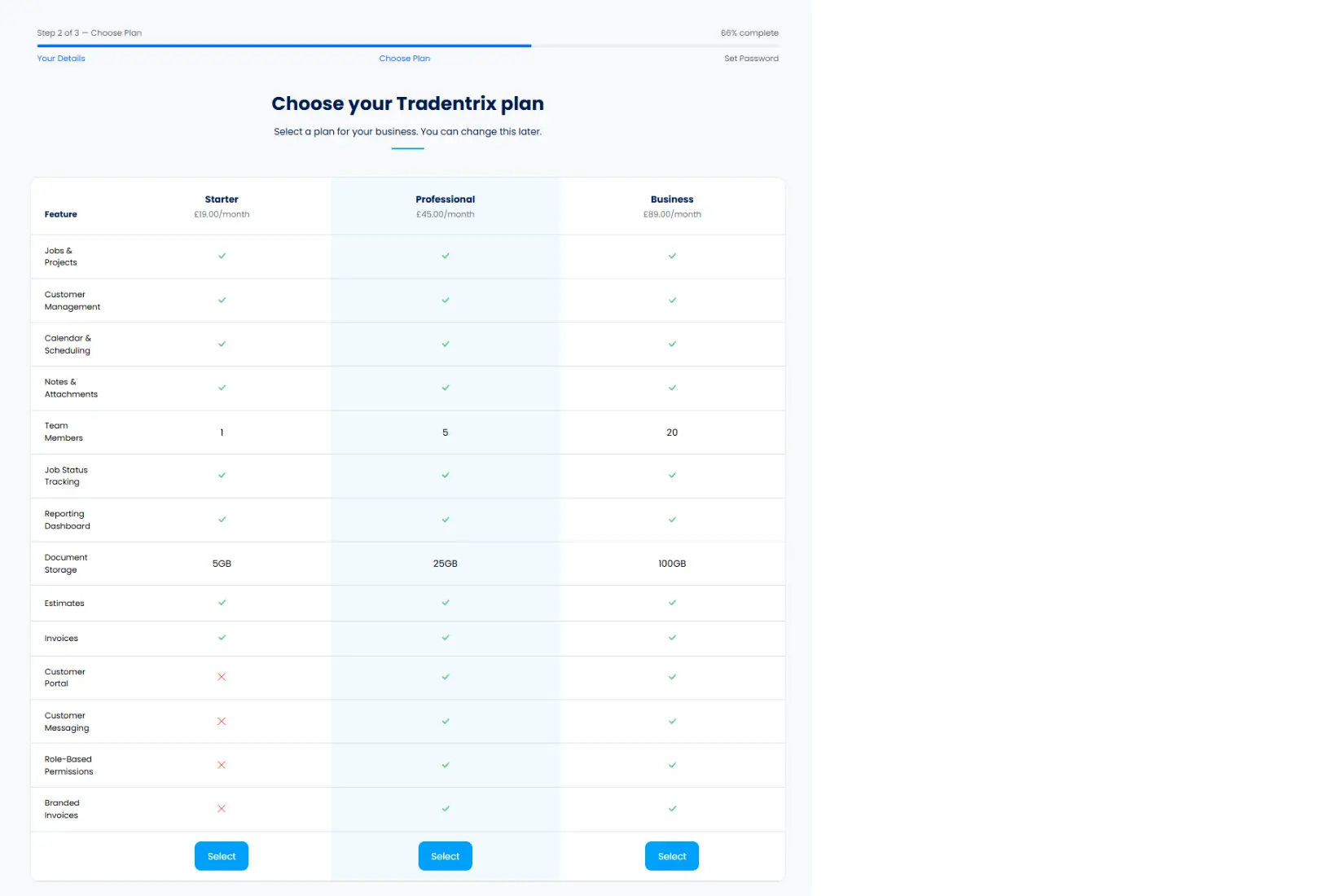 Sign up step 3: choose a plan